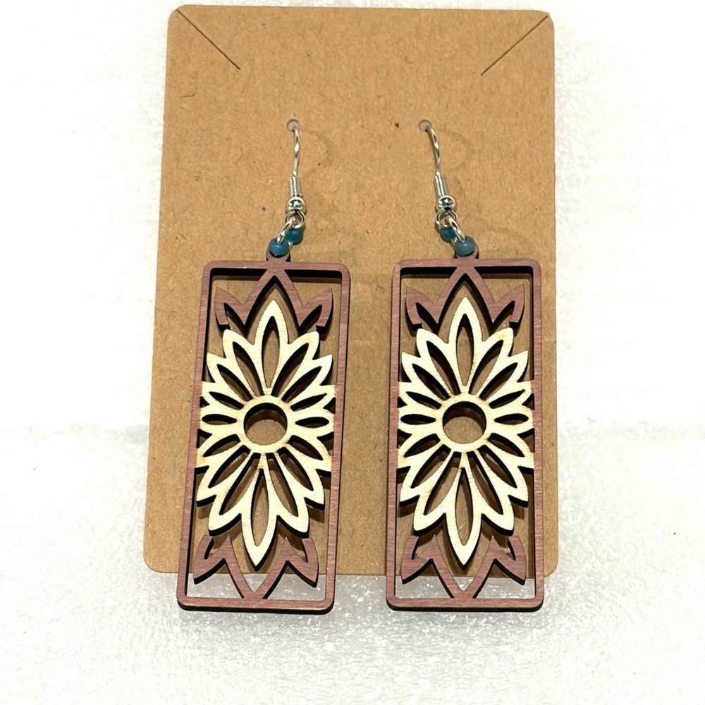 Floral Wooden Earrings in Cream and Brown wood grain. Hand made
